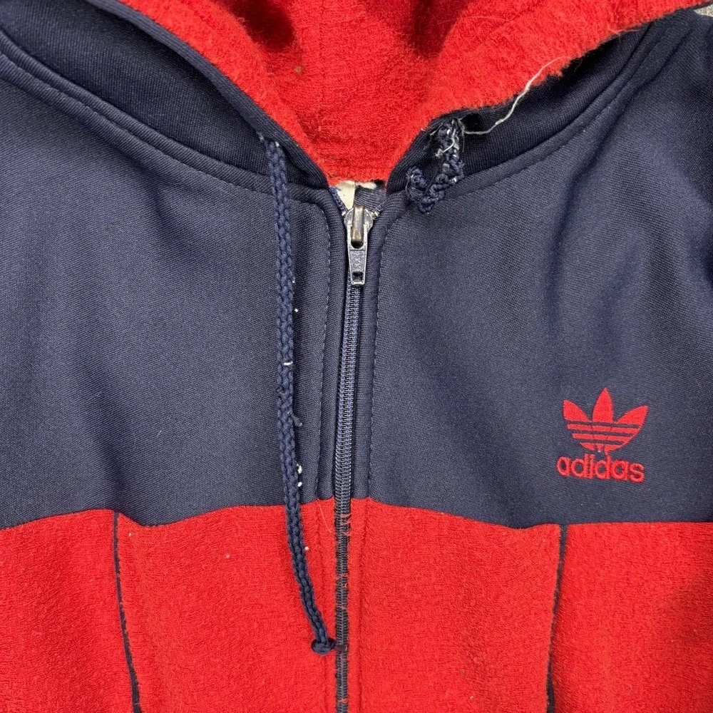 Vintage 1980s Adidas Hoodie‎ Sweatshirt Medium Red Blue Terry Cloth Tre Foil
